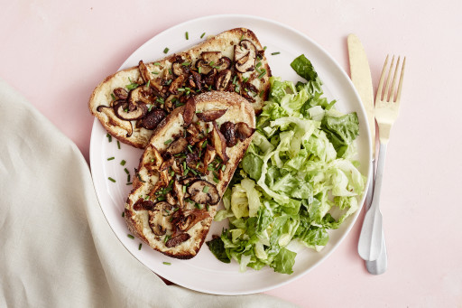 Plated Roasted Mushroom and Gruyere Toasts with Little Gem Salad